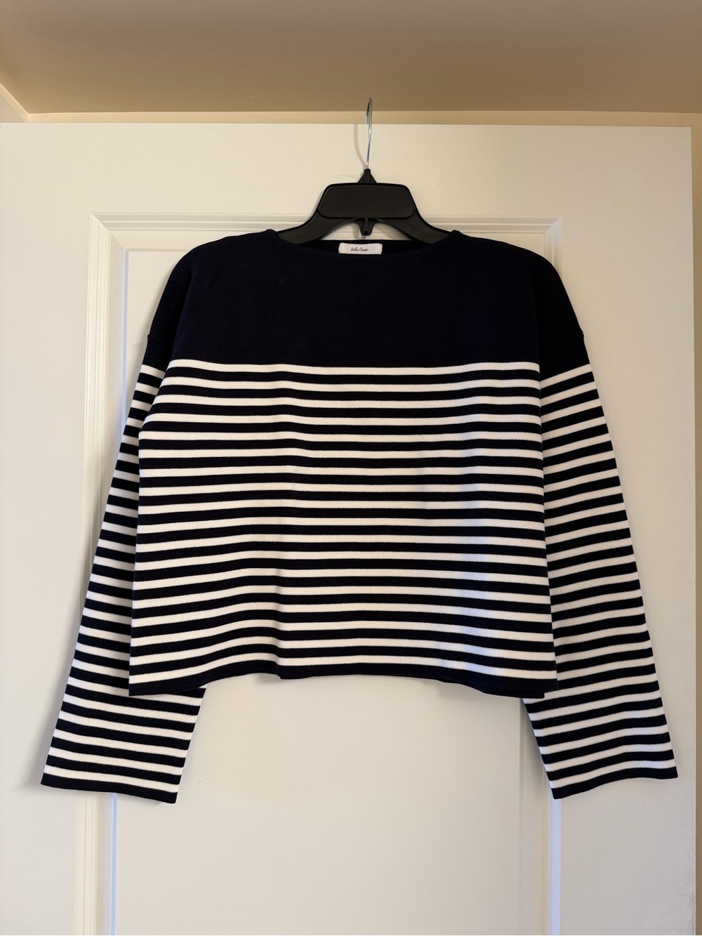 Mila Owen Navy & White Striped Cropped Boatneck Sweater